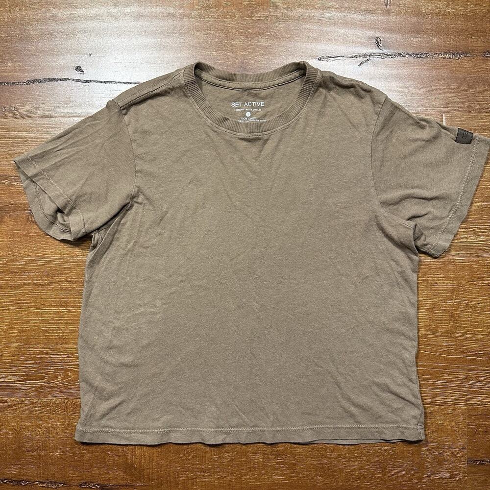 Set Active Crop T Shirt Womens S Brown Short Sleeve Crew Neck Athletic City USA